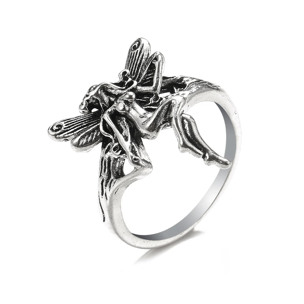 Bague vintage gothique en forme de tête de mort et d'ange pour femme, style hip-hop, couleur argent, papillon, cœur, tendance 2021