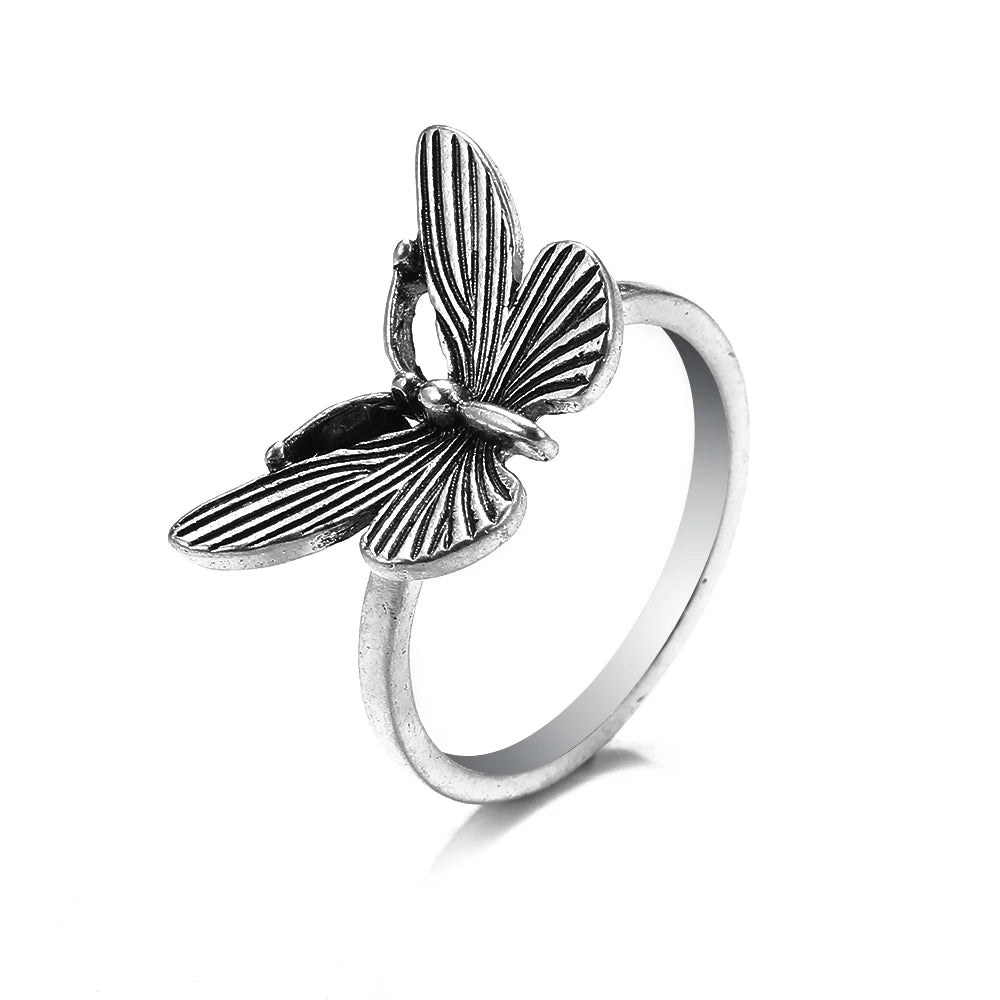 Bague vintage gothique en forme de tête de mort et d'ange pour femme, style hip-hop, couleur argent, papillon, cœur, tendance 2021