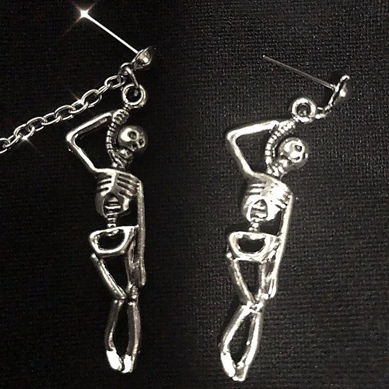 Boucles d'oreilles pendantes style punk vintage argenté, motif squelette et tête de mort, style hip-hop, longue chaîne, pompon asymétrique, bijoux d'oreilles, cadeaux - VALDIS™