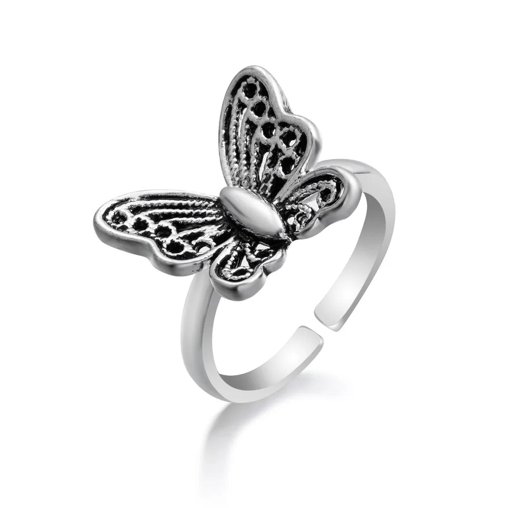 Bague vintage gothique en forme de tête de mort et d'ange pour femme, style hip-hop, couleur argent, papillon, cœur, tendance 2021