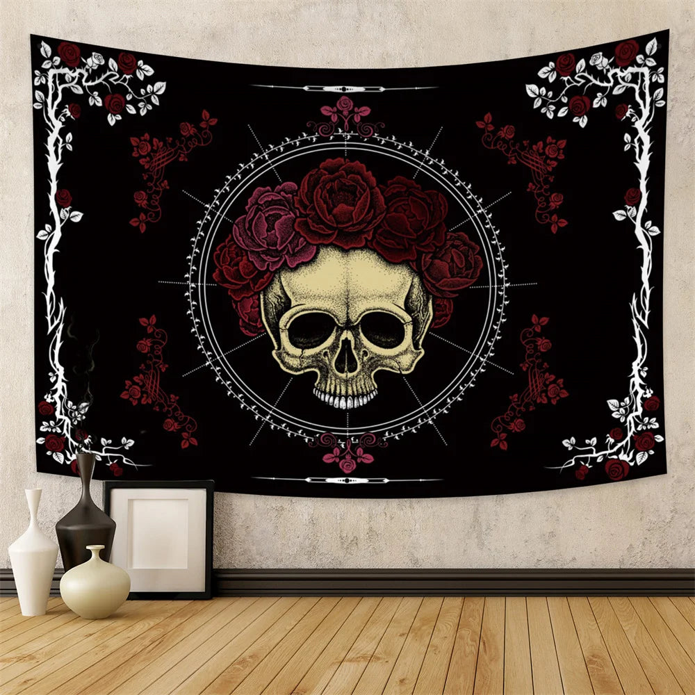 Tapisserie murale motif tête de mort mandala, motif serpent, noir et blanc, papillon, squelette trippant, décoration d'intérieur, phases de lune, - VALDIS™