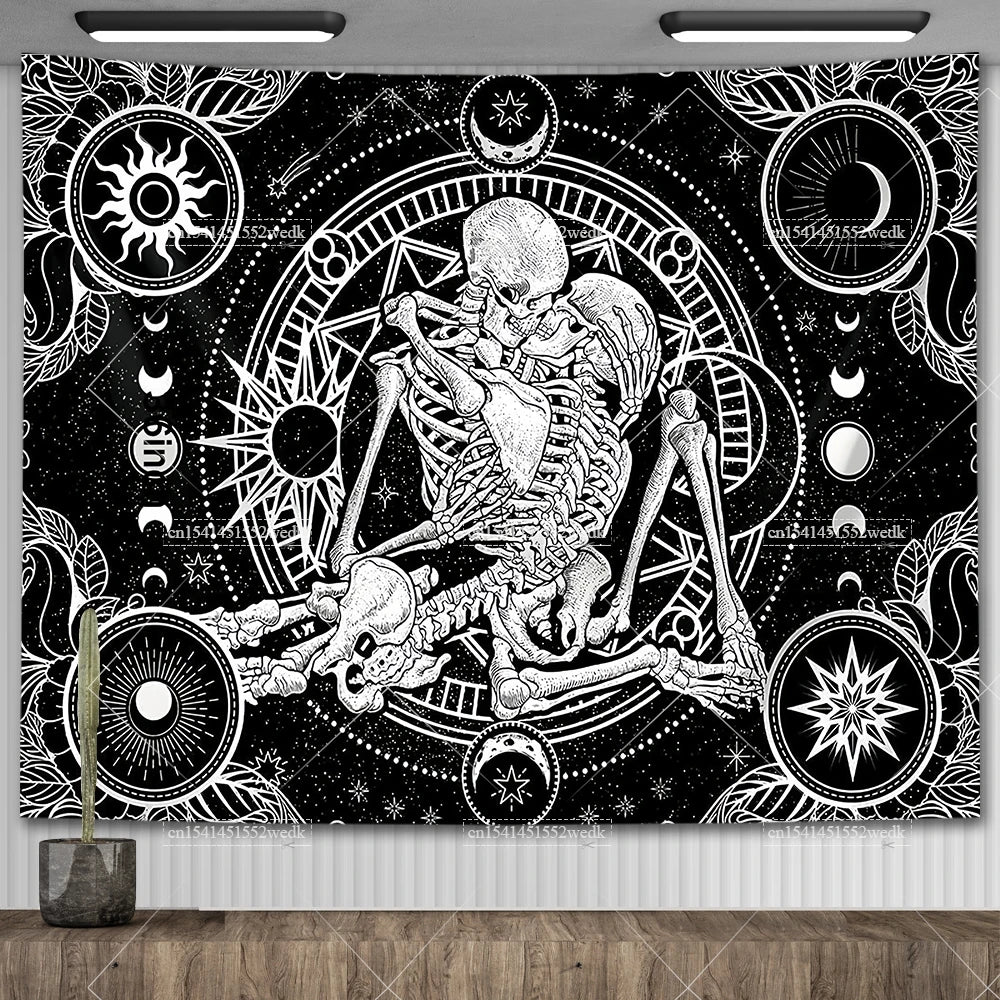 Tapisserie murale motif crâne mandala pour chambre à coucher, style gothique noir et blanc, motif squelette, toile de fond esthétique, décoration de chambre - VALDIS™