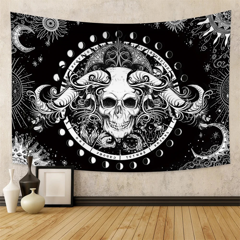 Tapisserie murale motif tête de mort mandala, noir et blanc, motif serpent, papillon, squelette trippant, décoration d'intérieur, phases de lune, - VALDIS™