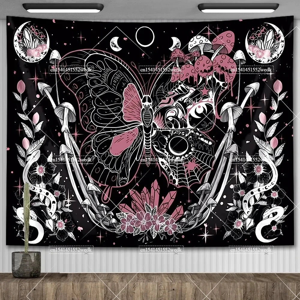 Tapisserie murale motif crâne mandala pour chambre à coucher, style gothique noir et blanc, motif squelette, toile de fond esthétique, décoration de chambre - VALDIS™