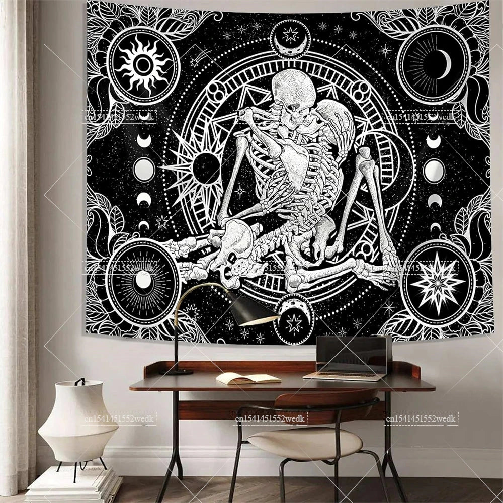 Tapisserie murale motif crâne mandala pour chambre à coucher, style gothique noir et blanc, motif squelette, toile de fond esthétique, décoration de chambre - VALDIS™