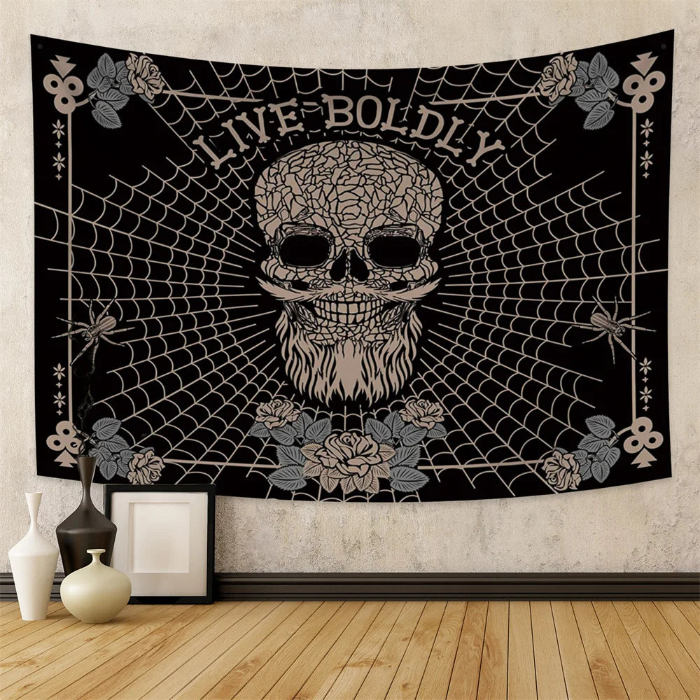 Tapisserie murale motif tête de mort mandala, motif serpent, noir et blanc, papillon, squelette trippant, décoration d'intérieur, phases de lune, - VALDIS™