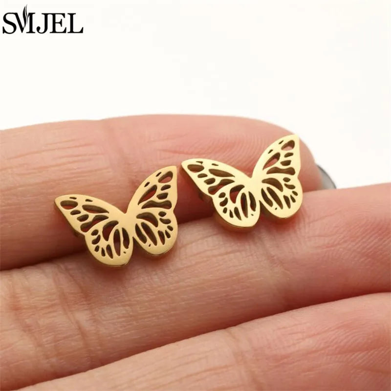 Boucles d'oreilles en acier inoxydable doré pour femmes, minimalistes, motif feuille, papillon, abeille, bijoux tendance motif crâne et chat, cœur, musique, clous d'oreilles - VALDIS™