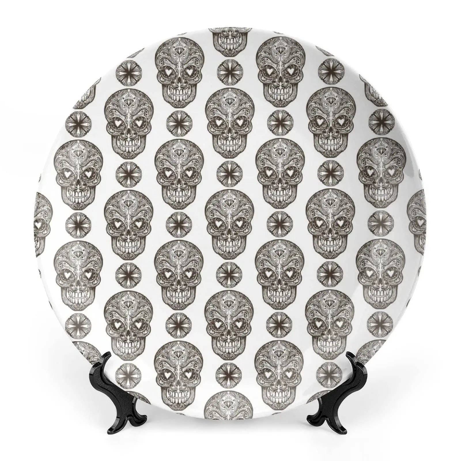 Assiette motif Crâne en céramique en grès, décoration traditionnelle d'Halloween avec imprimé de roses du sucre des morts, accessoire de décoration pour salle à manger - VALDIS™