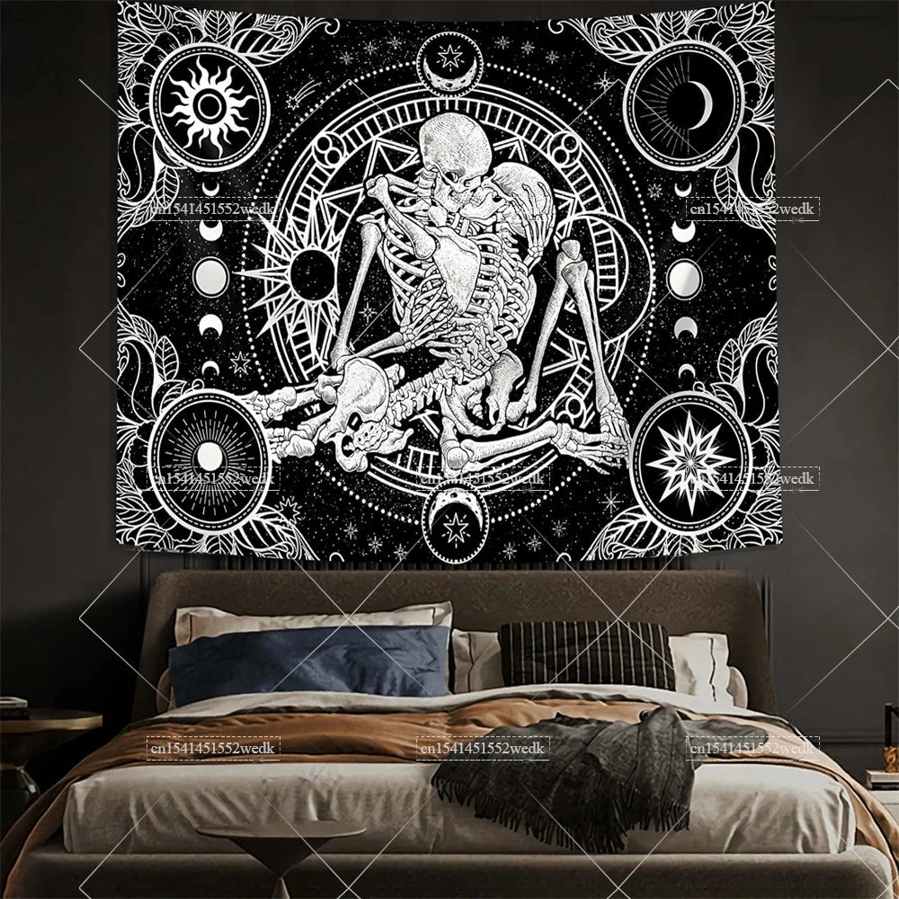 Tapisserie murale motif crâne mandala pour chambre à coucher, style gothique noir et blanc, motif squelette, toile de fond esthétique, décoration de chambre - VALDIS™