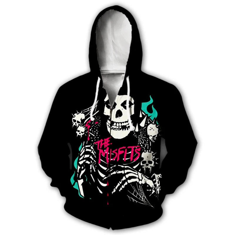 Sweat à capuche imprimé 3D Rock Band Misfits pour homme et femme, Pull style streetwear, surdimensionné, avec fermeture éclair - VALDIS™