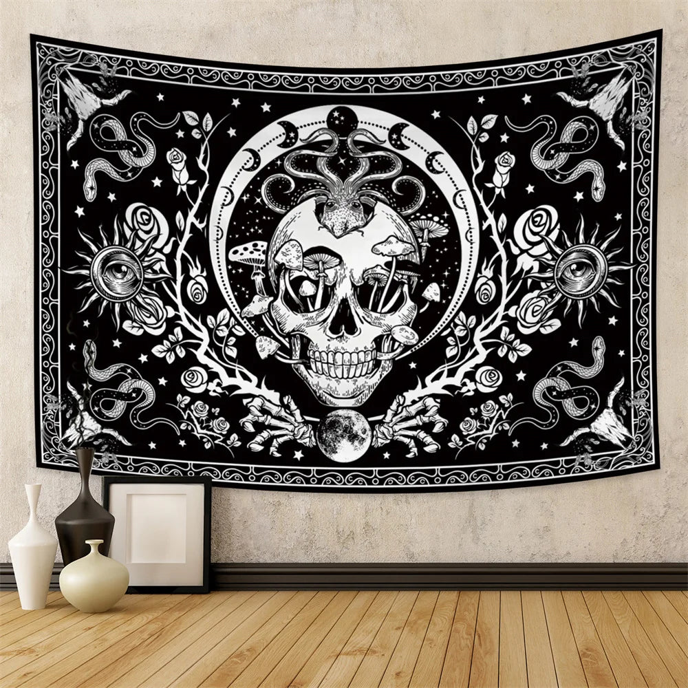 Tapisserie murale motif tête de mort mandala, motif serpent, noir et blanc, papillon, squelette trippant, décoration d'intérieur, phases de lune, - VALDIS™