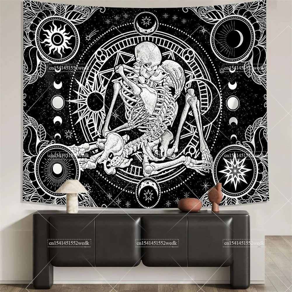 Tapisserie murale motif crâne mandala pour chambre à coucher, style gothique noir et blanc, motif squelette, toile de fond esthétique, décoration de chambre - VALDIS™