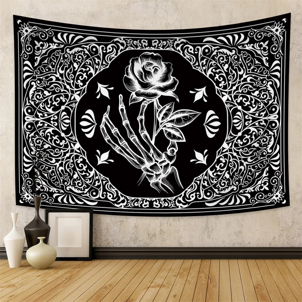 Tapisserie murale motif tête de mort mandala, noir et blanc, motif serpent, papillon, squelette trippant, décoration d'intérieur, phases de lune, - VALDIS™