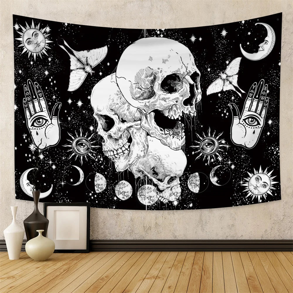 Tapisserie murale motif tête de mort mandala, motif serpent, noir et blanc, papillon, squelette trippant, décoration d'intérieur, phases de lune, - VALDIS™