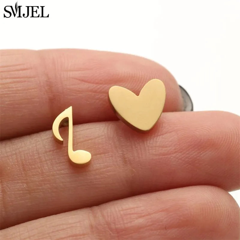 Boucles d'oreilles en acier inoxydable doré pour femmes, minimalistes, motif feuille, papillon, abeille, bijoux tendance motif crâne et chat, cœur, musique, clous d'oreilles - VALDIS™