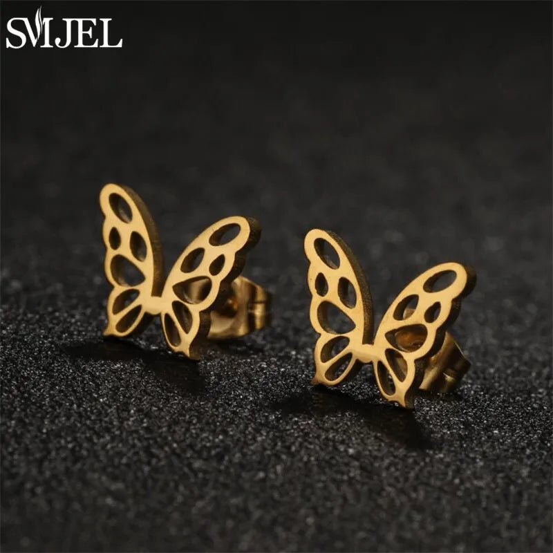 Boucles d'oreilles en acier inoxydable doré pour femmes, minimalistes, motif feuille, papillon, abeille, bijoux tendance motif crâne et chat, cœur, musique, clous d'oreilles - VALDIS™