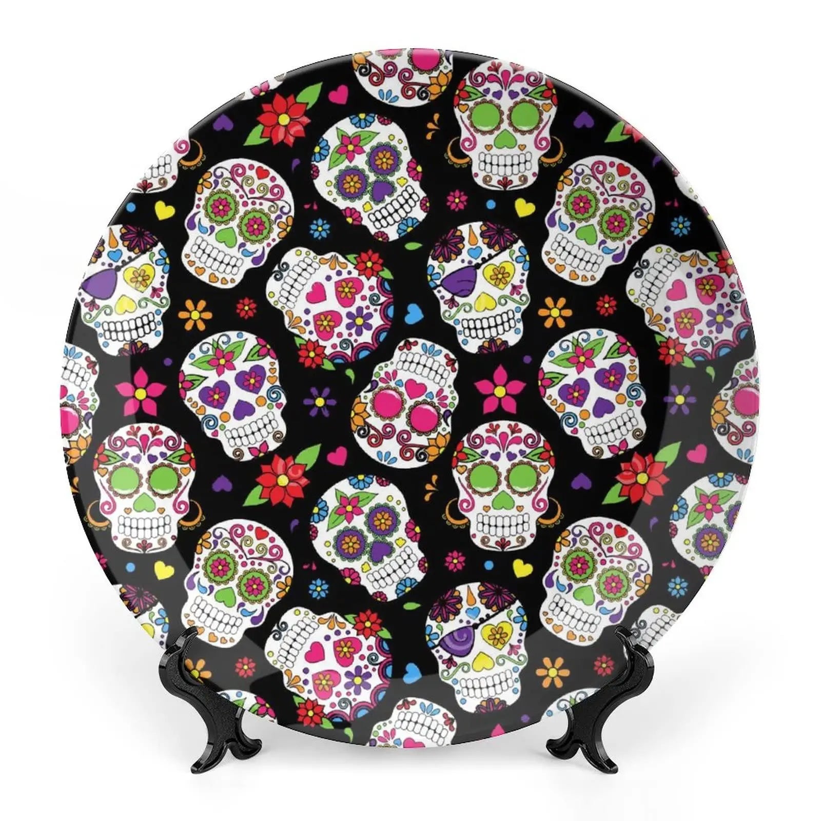 Assiette motif Crâne en céramique en grès, décoration traditionnelle d'Halloween avec imprimé de roses du sucre des morts, accessoire de décoration pour salle à manger - VALDIS™