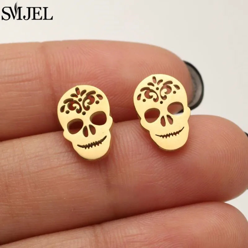 Boucles d'oreilles en acier inoxydable doré pour femmes, minimalistes, motif feuille, papillon, abeille, bijoux tendance motif crâne et chat, cœur, musique, clous d'oreilles - VALDIS™