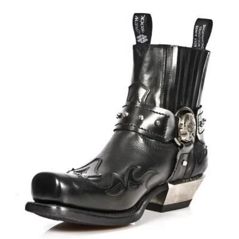 Bottes tète de mort Chelsea de cowboy western à décor de crâne, couleur noir et marron, bottes de moto pour hommes, bottes courtes rétro à bout carré, chaussures vintage - VALDIS™