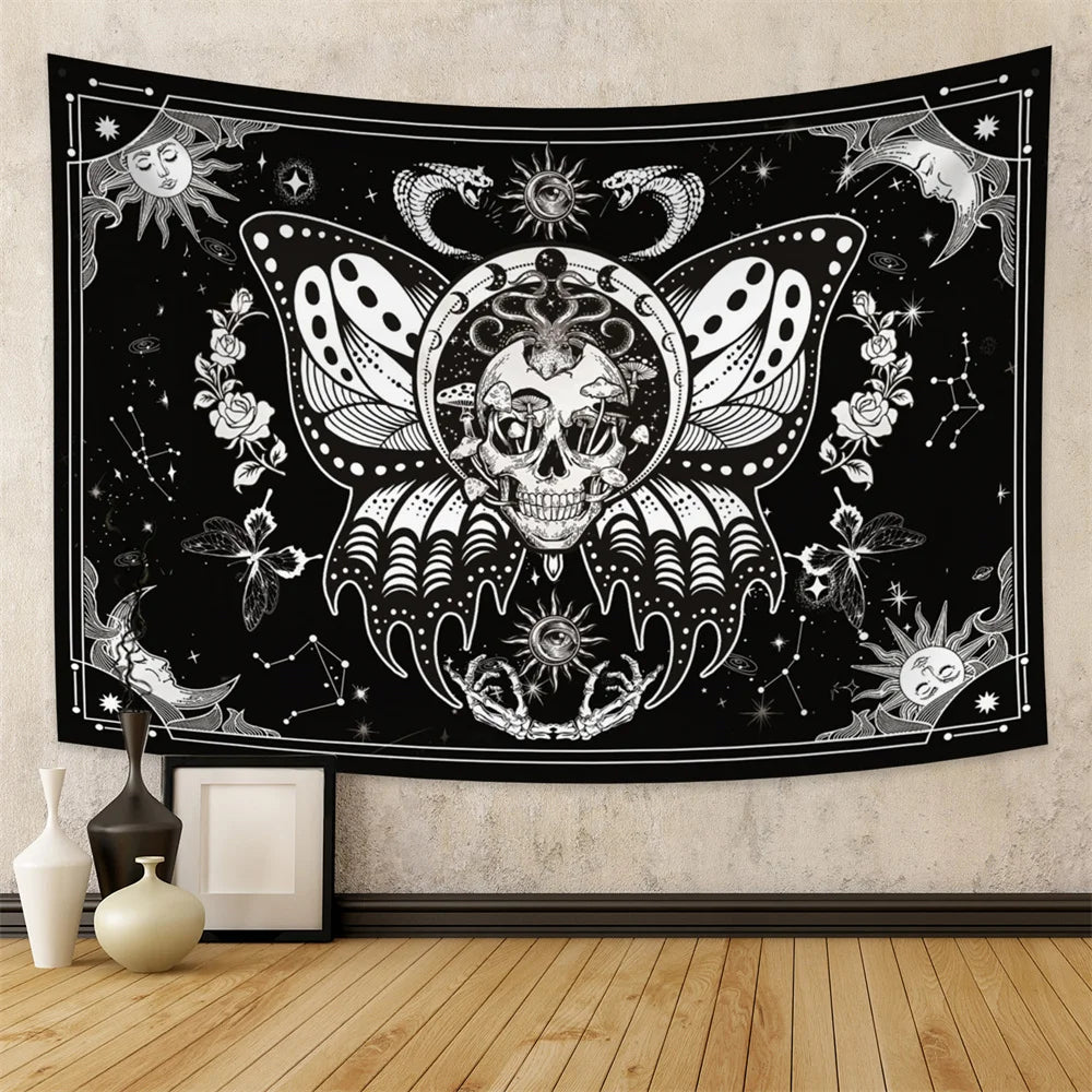 Tapisserie murale motif tête de mort mandala, motif serpent, noir et blanc, papillon, squelette trippant, décoration d'intérieur, phases de lune, - VALDIS™