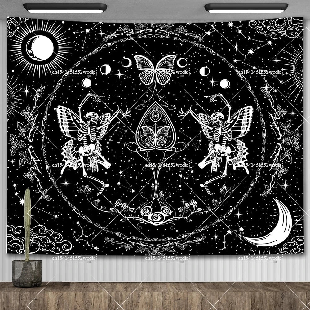 Tapisserie murale motif crâne mandala pour chambre à coucher, style gothique noir et blanc, motif squelette, toile de fond esthétique, décoration de chambre - VALDIS™