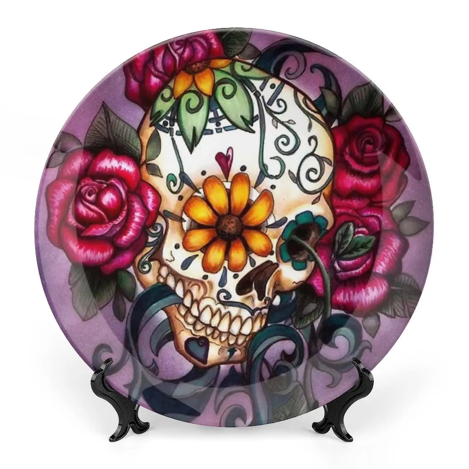 Assiette motif Crâne en céramique en grès, décoration traditionnelle d'Halloween avec imprimé de roses du sucre des morts, accessoire de décoration pour salle à manger - VALDIS™