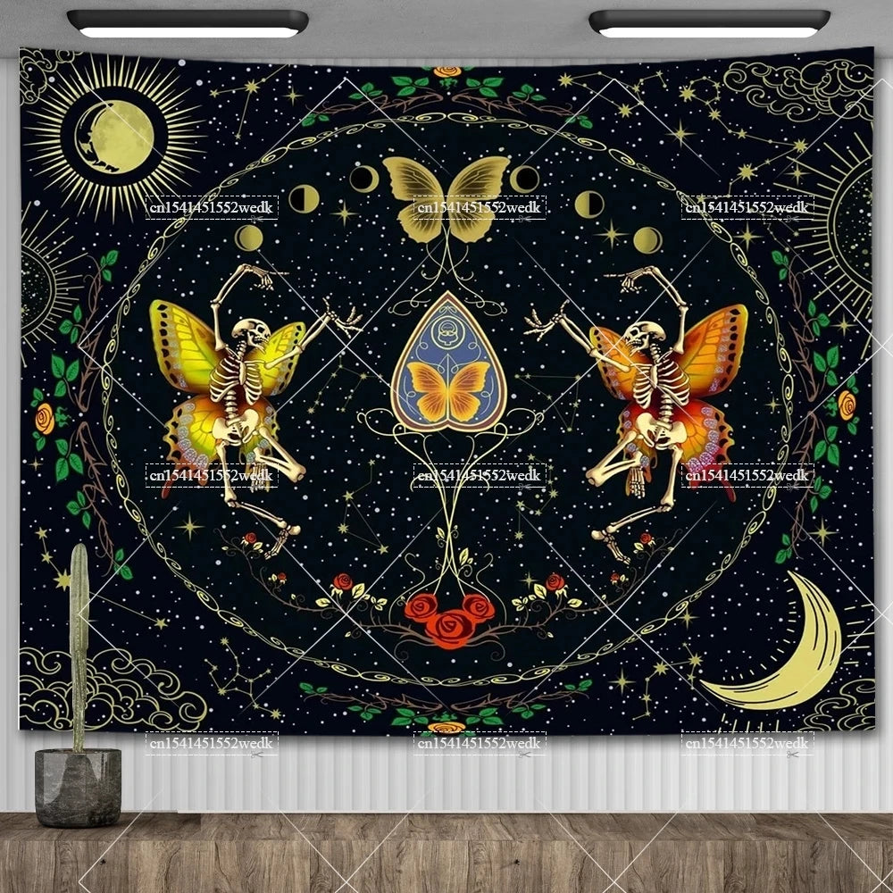 Tapisserie murale motif crâne mandala pour chambre à coucher, style gothique noir et blanc, motif squelette, toile de fond esthétique, décoration de chambre - VALDIS™
