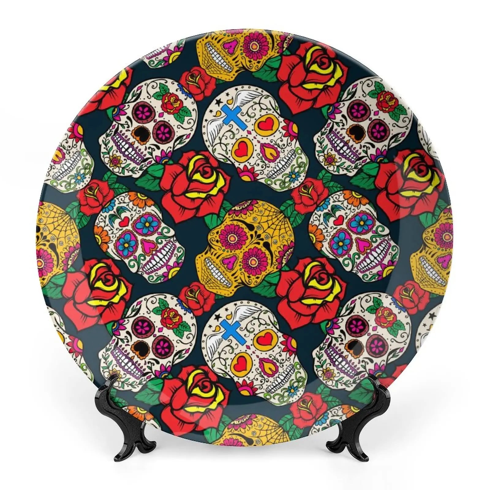 Assiette motif Crâne en céramique en grès, décoration traditionnelle d'Halloween avec imprimé de roses du sucre des morts, accessoire de décoration pour salle à manger - VALDIS™