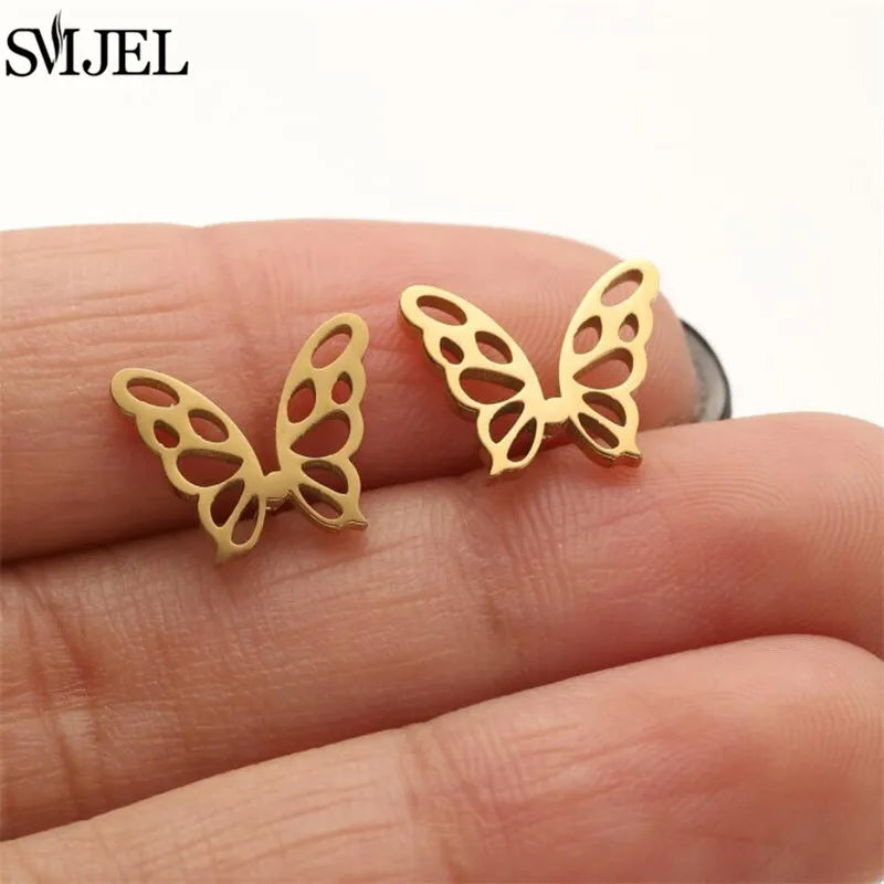 Boucles d'oreilles en acier inoxydable doré pour femmes, minimalistes, motif feuille, crâne, chat, papillon, abeille, bijoux tendance, cœur, musique, clous d'oreilles - VALDIS™