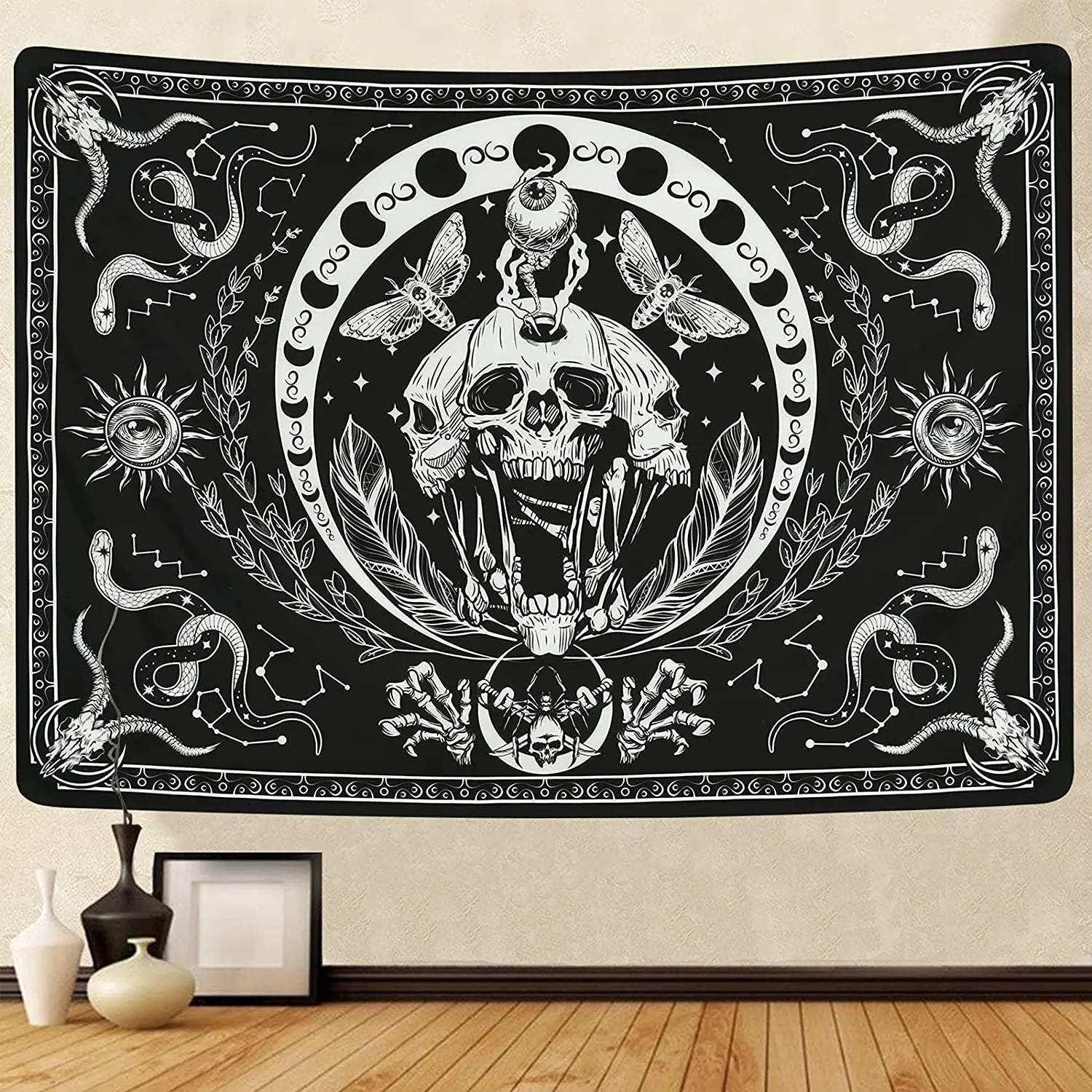 Tapisserie murale motif tête de mort mandala, motif serpent, noir et blanc, papillon, squelette trippant, décoration d'intérieur, phases de lune, - VALDIS™