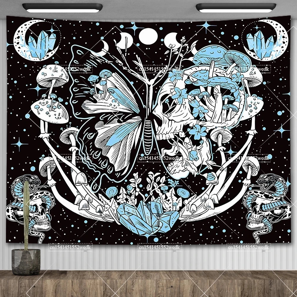 Tapisserie murale motif crâne mandala pour chambre à coucher, style gothique noir et blanc, motif squelette, toile de fond esthétique, décoration de chambre - VALDIS™