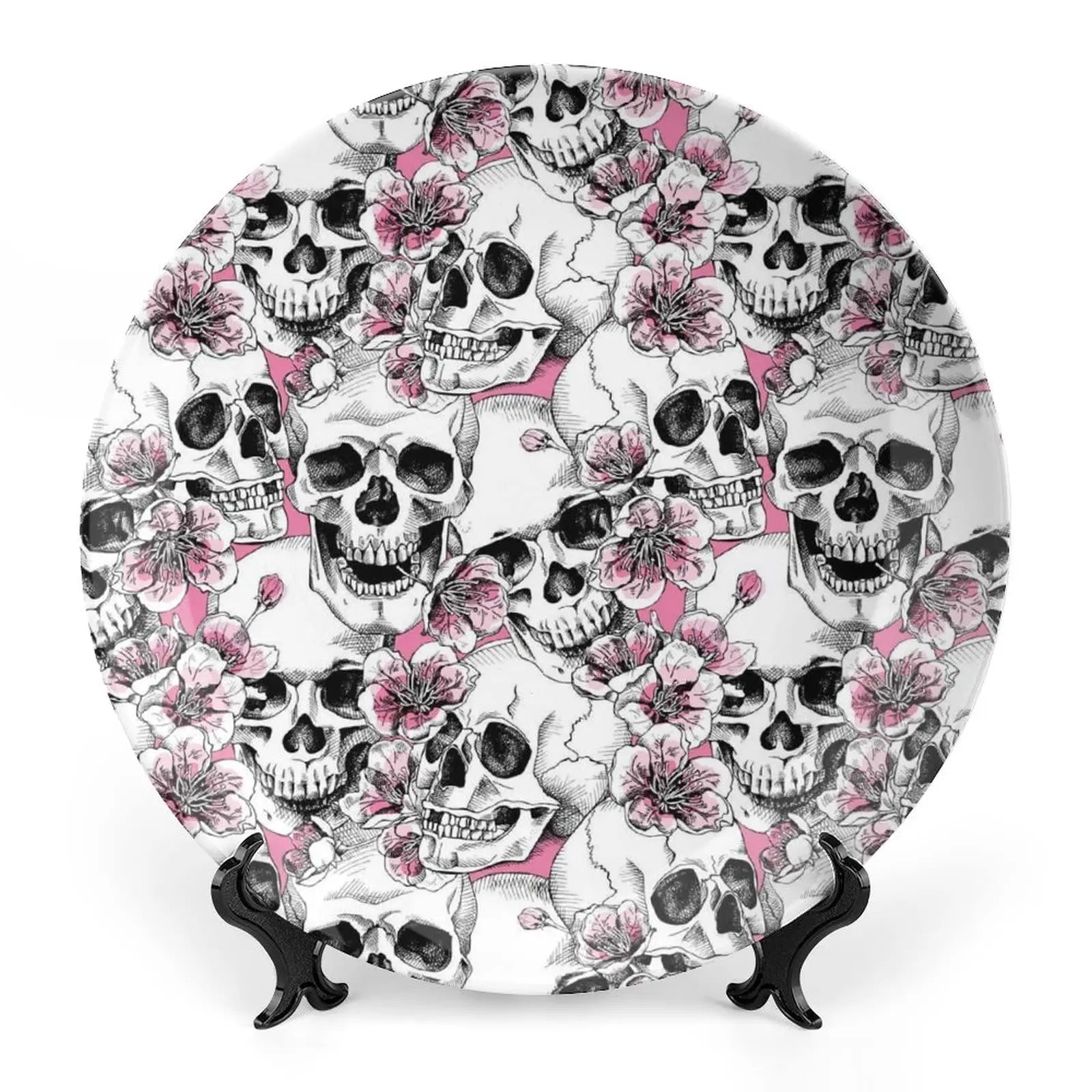 Assiette motif Crâne en céramique en grès, décoration traditionnelle d'Halloween avec imprimé de roses du sucre des morts, accessoire de décoration pour salle à manger - VALDIS™