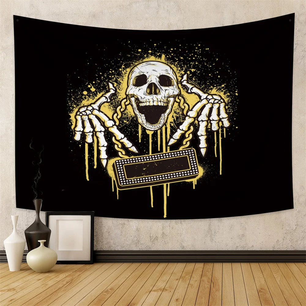 Tapisserie murale motif tête de mort mandala, motif serpent, noir et blanc, papillon, squelette trippant, décoration d'intérieur, phases de lune, - VALDIS™