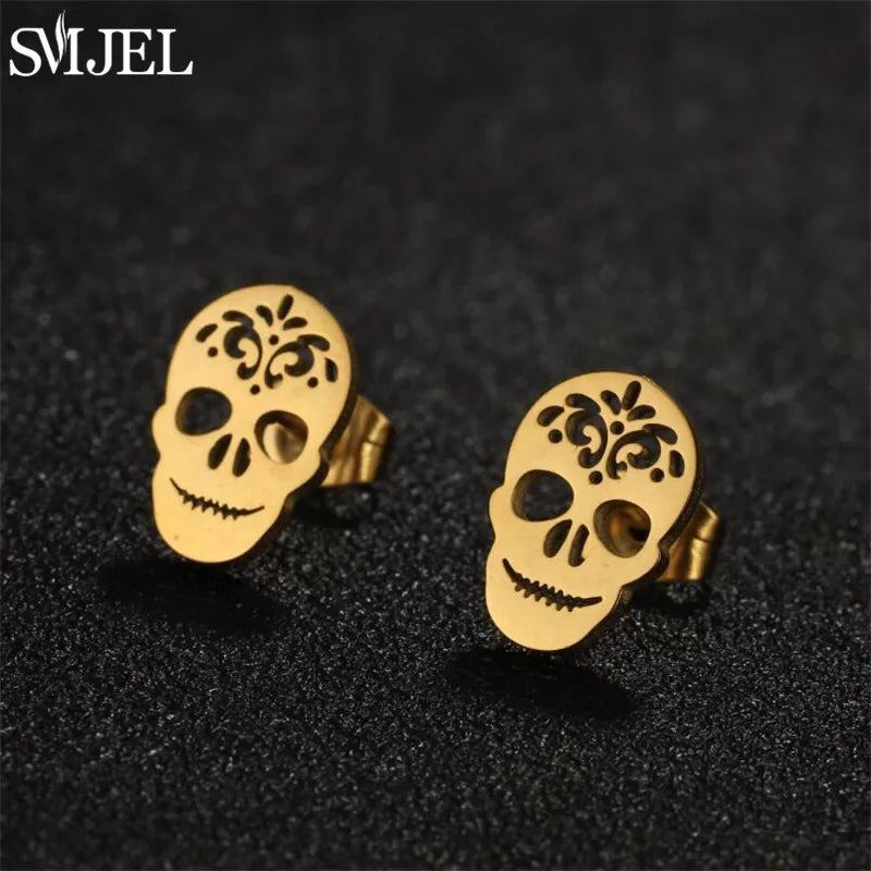 Boucles d'oreilles en acier inoxydable doré pour femmes, minimalistes, motif feuille, papillon, abeille, bijoux tendance motif crâne et chat, cœur, musique, clous d'oreilles - VALDIS™