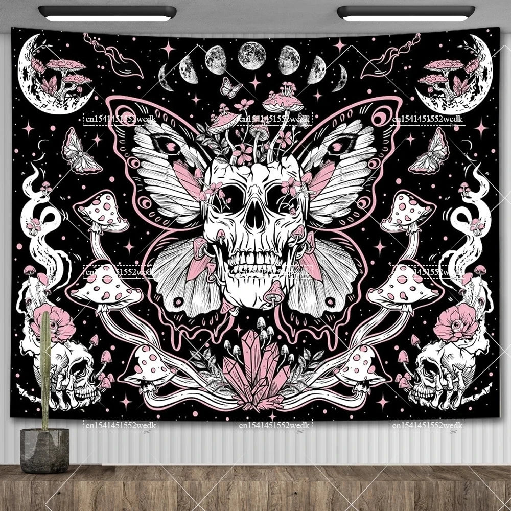 Tapisserie murale motif crâne mandala pour chambre à coucher, style gothique noir et blanc, motif squelette, toile de fond esthétique, décoration de chambre - VALDIS™