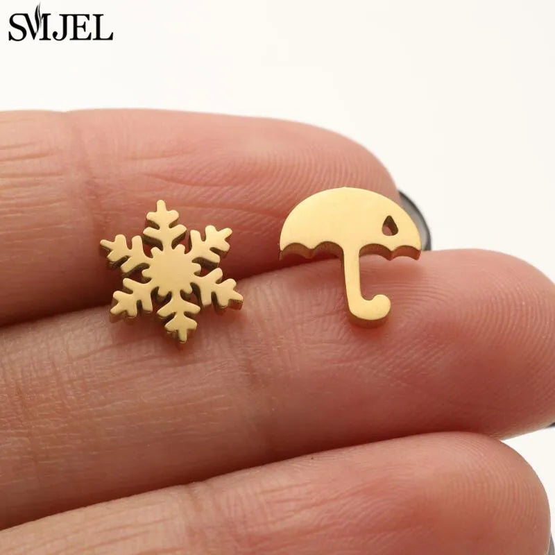 Boucles d'oreilles en acier inoxydable doré pour femmes, minimalistes, motif feuille, papillon, abeille, bijoux tendance motif crâne et chat, cœur, musique, clous d'oreilles - VALDIS™