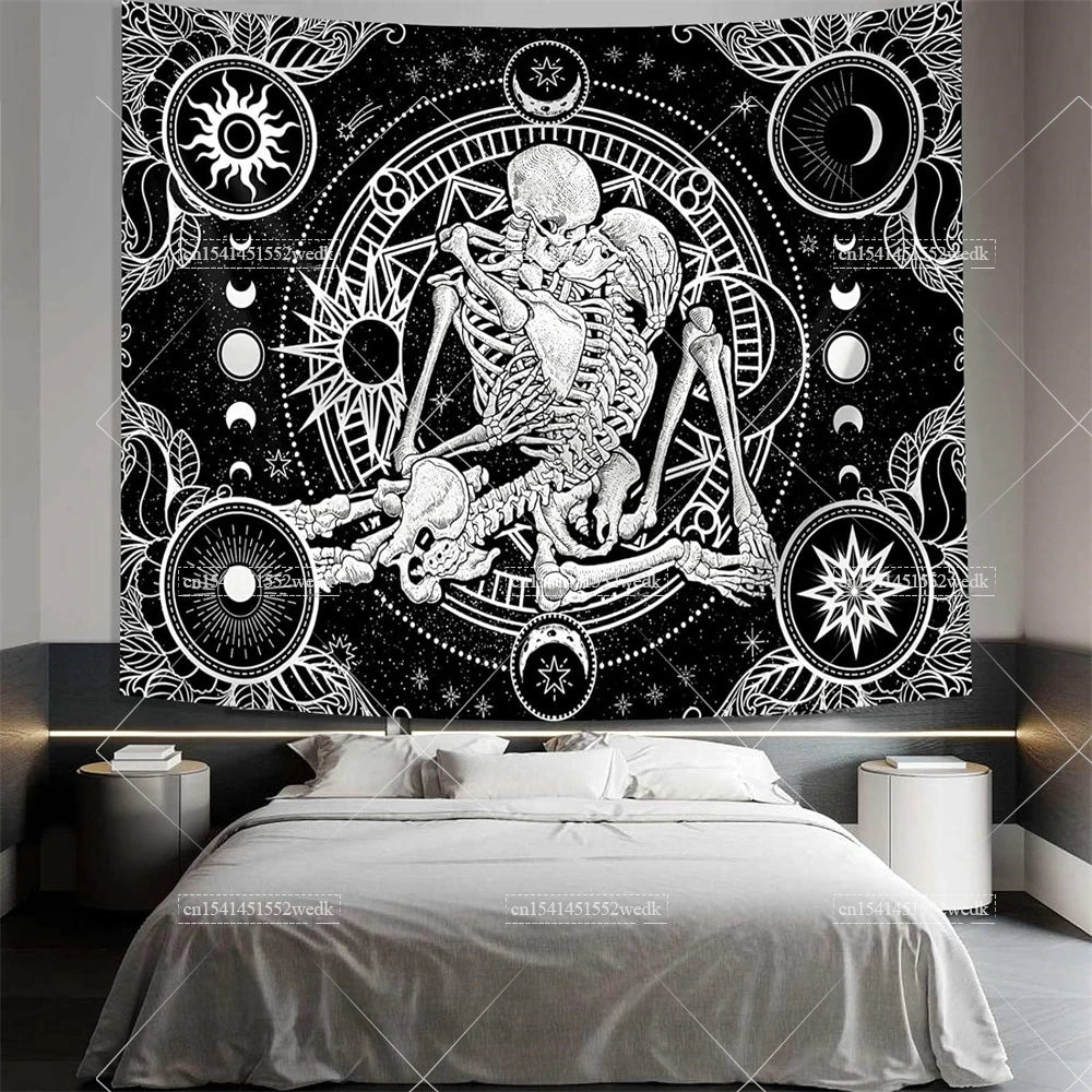 Tapisserie murale motif crâne mandala pour chambre à coucher, style gothique noir et blanc, motif squelette, toile de fond esthétique, décoration de chambre - VALDIS™