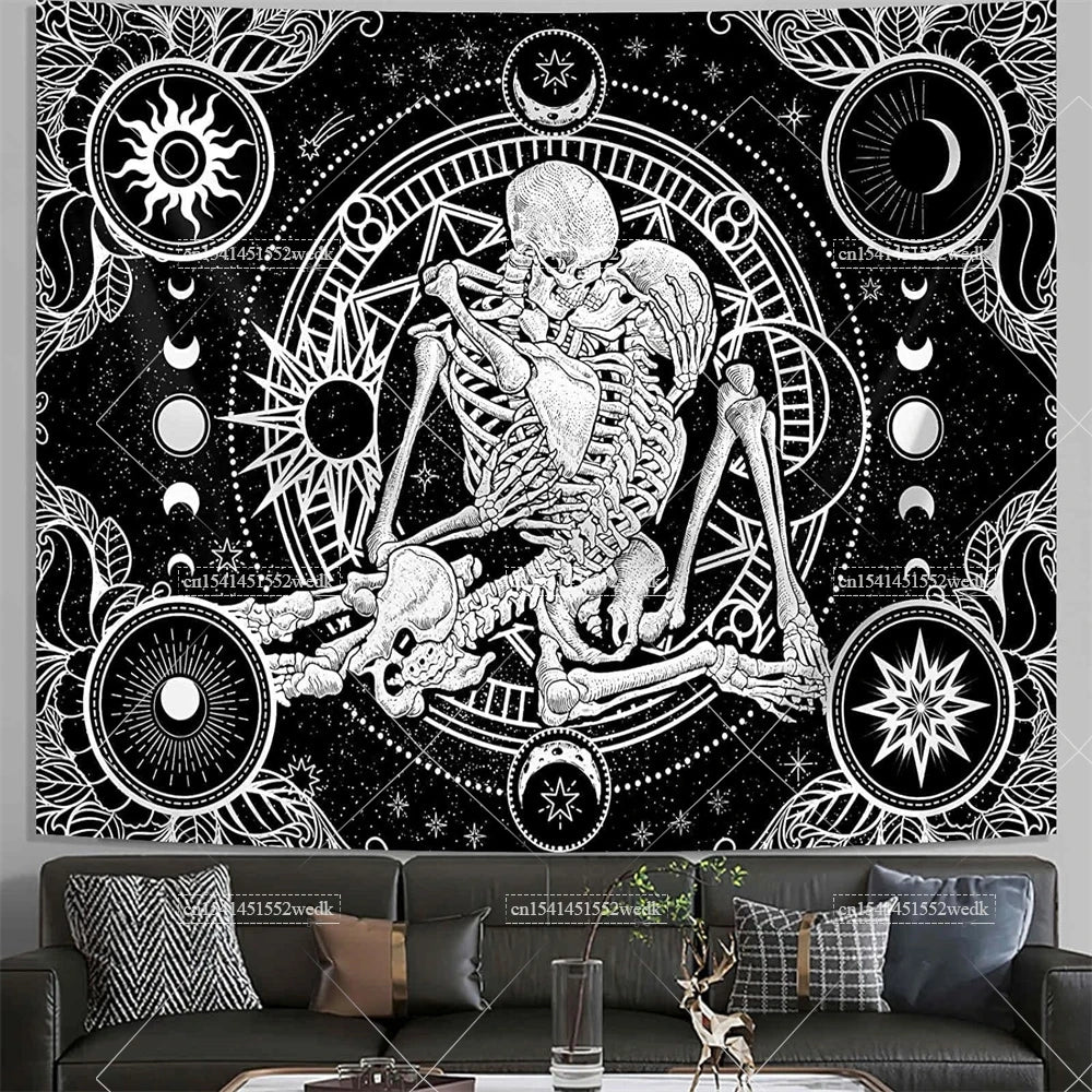 Tapisserie murale motif crâne mandala pour chambre à coucher, style gothique noir et blanc, motif squelette, toile de fond esthétique, décoration de chambre - VALDIS™