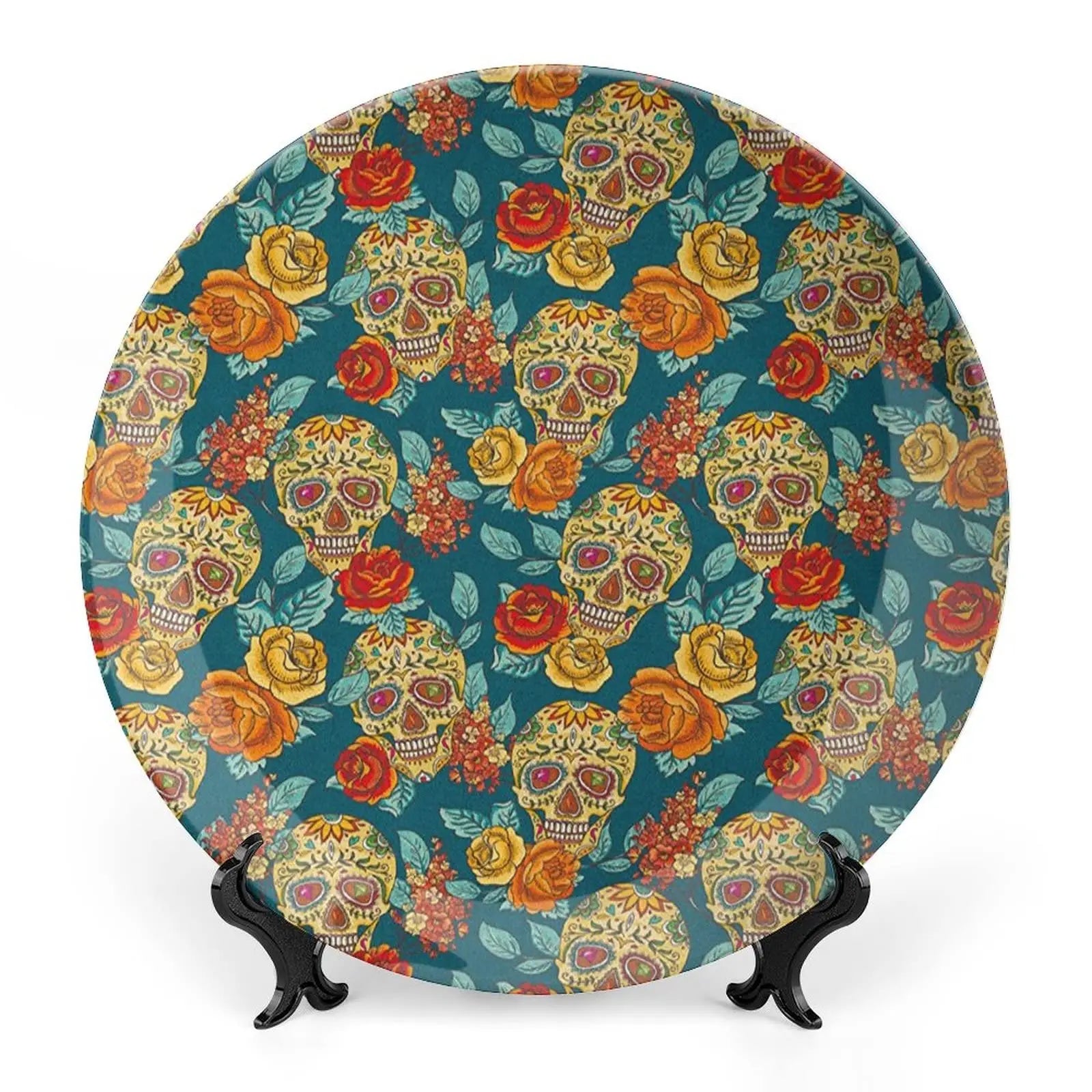 Assiette motif Crâne en céramique en grès, décoration traditionnelle d'Halloween avec imprimé de roses du sucre des morts, accessoire de décoration pour salle à manger - VALDIS™