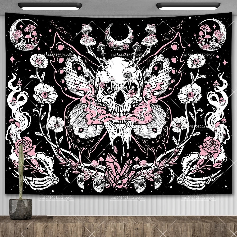 Tapisserie murale motif crâne mandala pour chambre à coucher, style gothique noir et blanc, motif squelette, toile de fond esthétique, décoration de chambre - VALDIS™