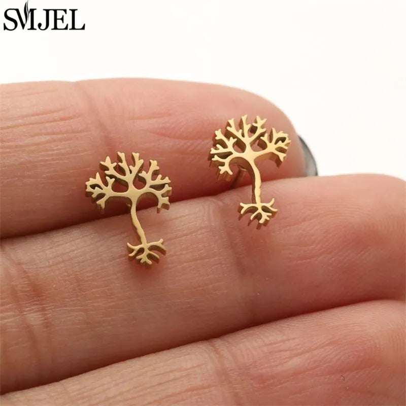 Boucles d'oreilles en acier inoxydable doré pour femmes, minimalistes, motif feuille, papillon, abeille, bijoux tendance motif crâne et chat, cœur, musique, clous d'oreilles - VALDIS™