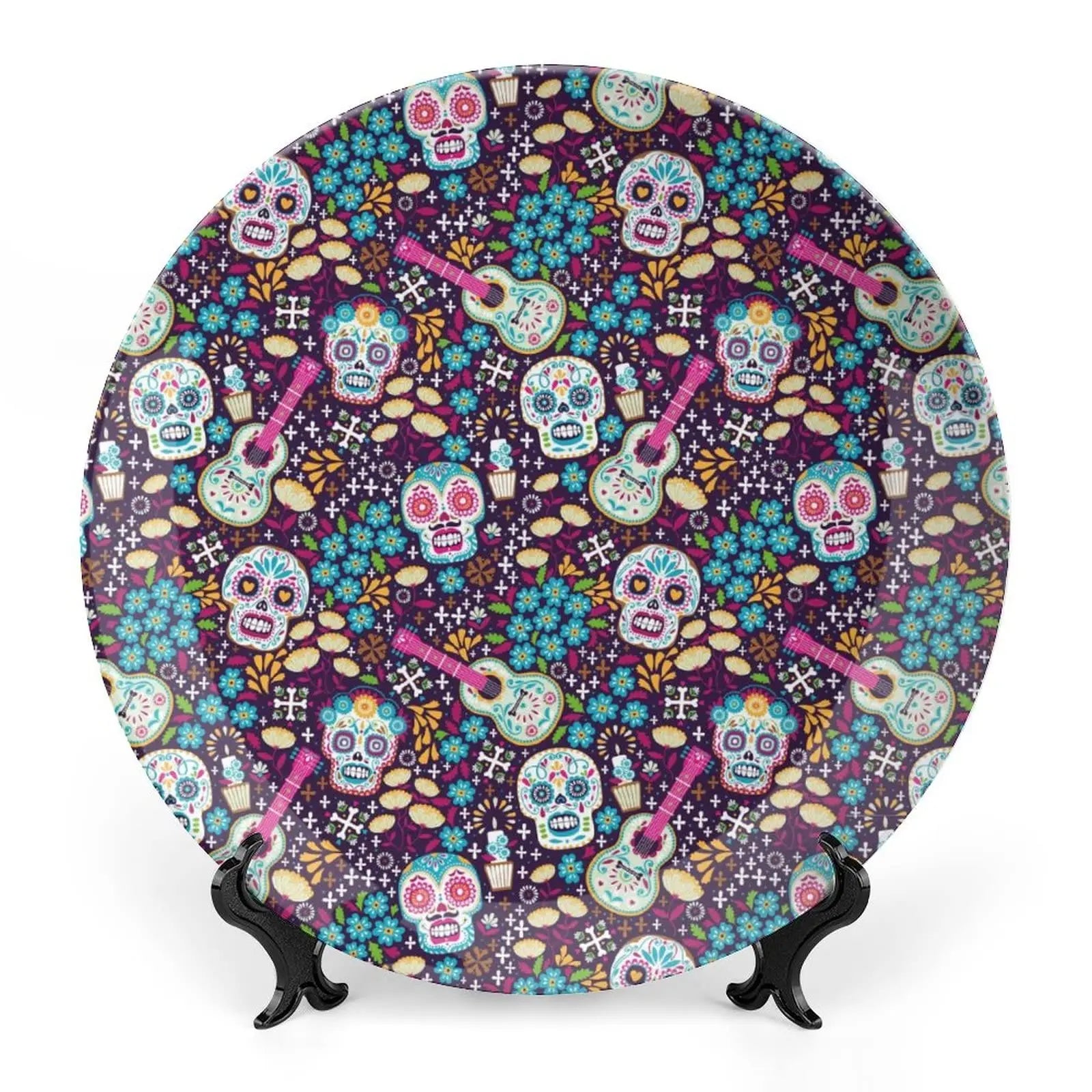 Assiette motif Crâne en céramique en grès, décoration traditionnelle d'Halloween avec imprimé de roses du sucre des morts, accessoire de décoration pour salle à manger - VALDIS™