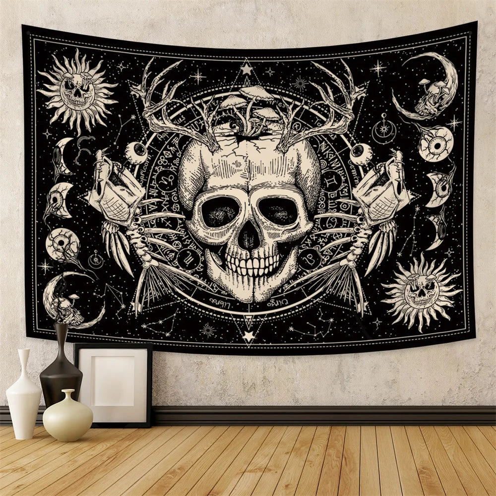 Tapisserie murale motif tête de mort mandala, noir et blanc, motif serpent, papillon, squelette trippant, décoration d'intérieur, phases de lune, - VALDIS™