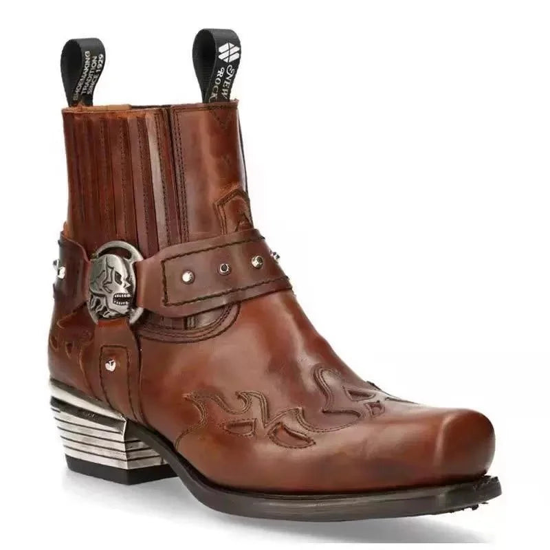 Bottes tète de mort Chelsea de cowboy western à décor de crâne, couleur noir et marron, bottes de moto pour hommes, bottes courtes rétro à bout carré, chaussures vintage - VALDIS™