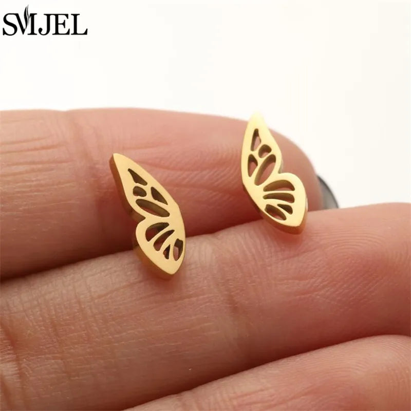 Boucles d'oreilles en acier inoxydable doré pour femmes, minimalistes, motif feuille, papillon, abeille, bijoux tendance motif crâne et chat, cœur, musique, clous d'oreilles - VALDIS™