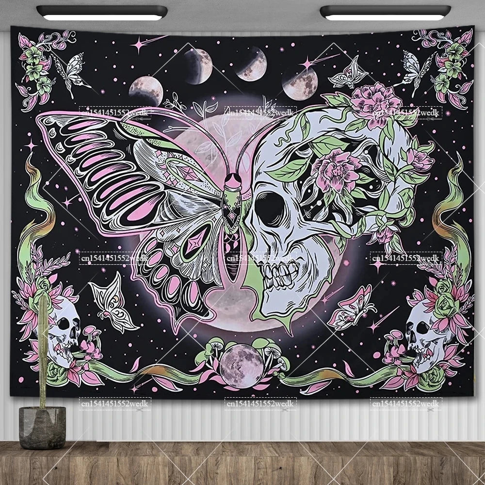 Tapisserie murale motif crâne mandala pour chambre à coucher, style gothique noir et blanc, motif squelette, toile de fond esthétique, décoration de chambre - VALDIS™