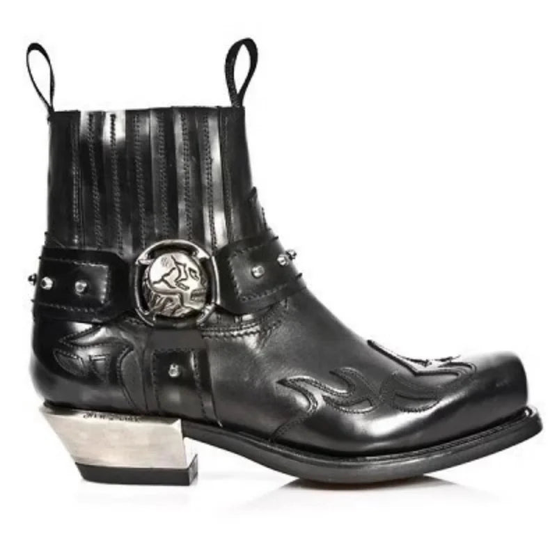 Bottes tète de mort Chelsea de cowboy western à décor de crâne, couleur noir et marron, bottes de moto pour hommes, bottes courtes rétro à bout carré, chaussures vintage - VALDIS™