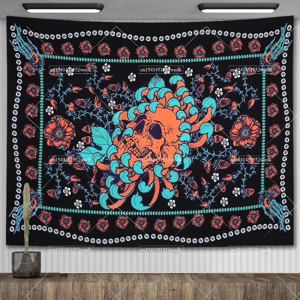 Tapisserie murale motif crâne mandala pour chambre à coucher, style gothique noir et blanc, motif squelette, toile de fond esthétique, décoration de chambre - VALDIS™