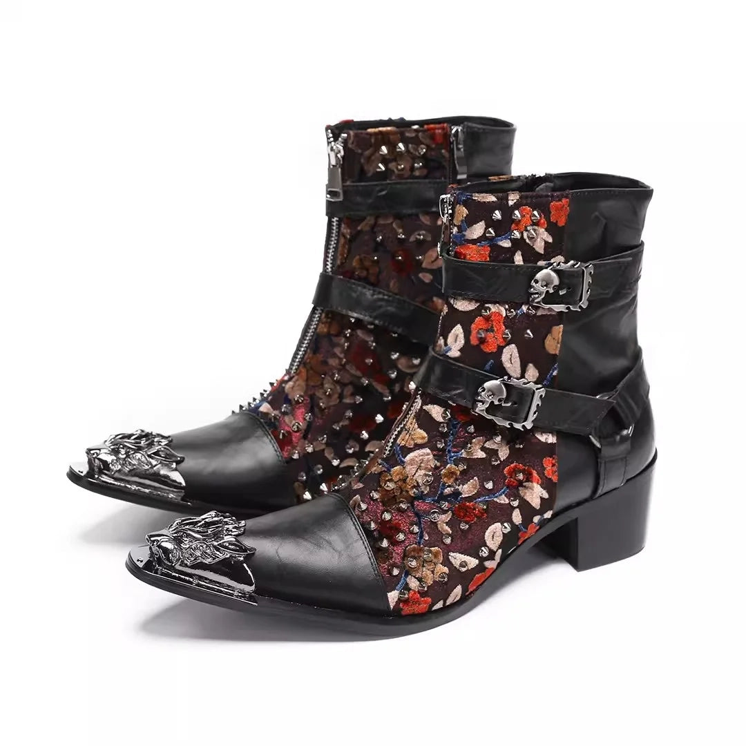 Bottes mi-mollet style punk en métal avec boucle et tête de mort pour homme, couleurs mélangées, broderies, style western, style cowboy, chaussures en cuir pour homme