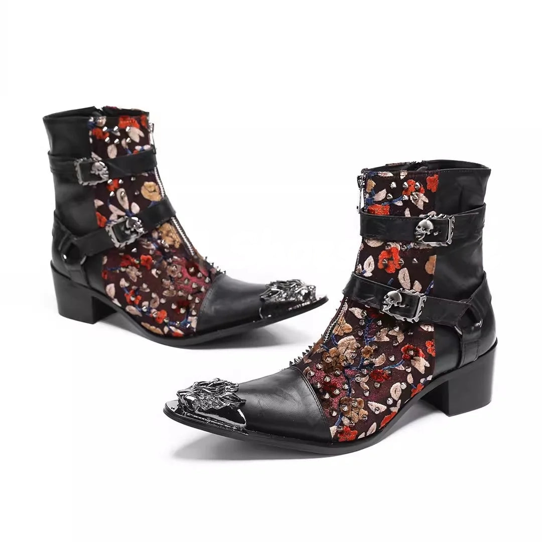 Bottes mi-mollet style punk en métal avec boucle et tête de mort pour homme, couleurs mélangées, broderies, style western, style cowboy, chaussures en cuir pour homme